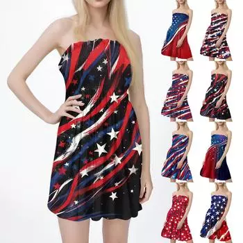 Fashion Women s Casual Bandeau Independence Day Print Sleeveless Dress L
