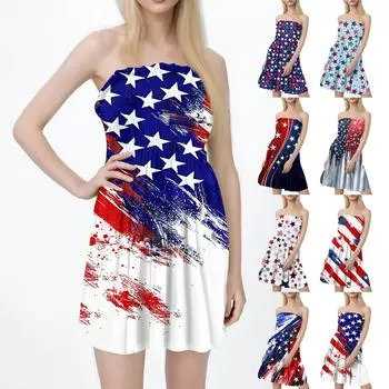 Fashion Women s Casual Bandeau Independence Day Print Sleeveless Dress M