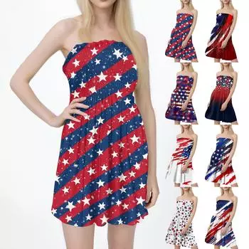 Fashion Women s Casual Bandeau Independence Day Print Sleeveless Dress L синий