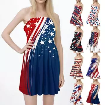 Fashion Women s Casual Bandeau Independence Day Print Sleeveless Dress XXL синий