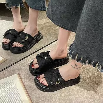 Fashion Women s Casual Beach Sandals Summer New Elegant Thick-soled Heightened Slippers Home Leisure Women s Sandals Slippers Size 35-40 35 бежевый