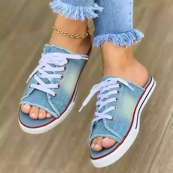Fashion Women s Casual Female Fashion Denim Beach Shoes Plus Size Women Canvas Slipper Woman Lace Up Ladies Peep Toe New Flat 35 серый