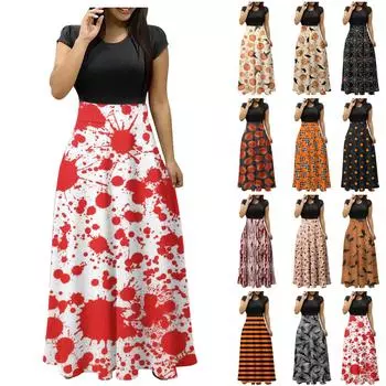 Модное женское повседневное платье с коротким рукавом и круглым вырезом с принтом Хэллоуина L имбирный