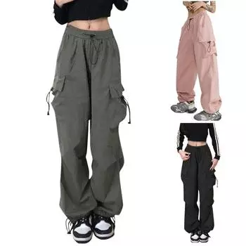 Fashion Women s Casual High Waisted Solid Color Straight Pocket Pants L серый
