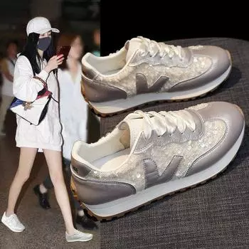 Fashion Women s Casual Sneakers Lace Up Flat Shoes for Women Lightweight Female Mesh Breathable Sequin Sports Versatile Zapatillas Mujer 35 серебряный