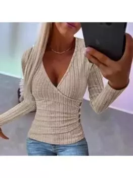 Модные женские повседневные топы осенние полосатые трикотажные пуловеры с V-образным вырезом приталенный длинный рукав футболка элегантная женская одежда S бордовый