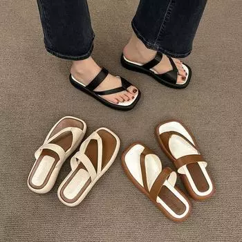 модные женские шлепанцы с застежкой-молнией на плоской подошве, летние пляжные сандалии на платформе, повседневные тапочки, новые уличные туфли с перекрестными ремешками, ретро-слайды 35 бежевый
