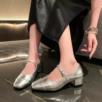 Fashion Women s Cow Leather Mix Color Patchwork Matal Belt Mary Jane Pumps 3.5cm Low Heel Square Toe Casual Female Heeled Single Shoes 35 бежевый