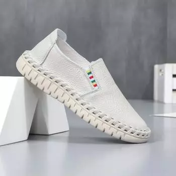 Fashion Women s Cowhide Small White Shoe Summer New Product Flat Bottom Casual Lefu Shoes Breathable Soft Sole Soft Top Bean Shoe Female 34 вино красного