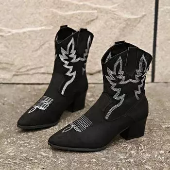 Fashion Women s denim boots, pointed overlapping heel shoes embroidered denim boots, wide calf western boots ankle boots 35 чёрный