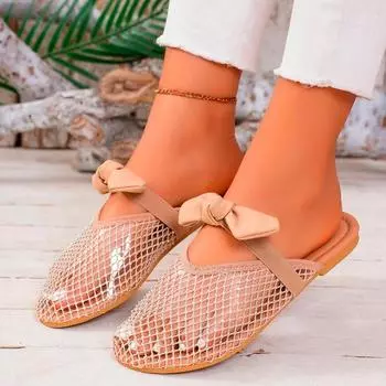 Fashion Women s fashion baotou slippers autumn new round head rhinestone mesh hollow butterfly knot flat sandals 35 абрикосовый