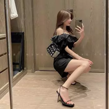 fashion Women s Fashion Buckle Strap Solid Color Open Toe Stiletto Square Toe High Heel Sandals 34 чёрный