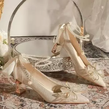 Fashion Women s Fashion Chunky Single Shoes Fall New Pointy Head Shallow Mouth Butterfly Knot Bead High Heel Low Top Shoes 34