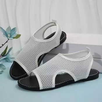 Fashion Women s Fashion Flat Large Size Sandals Summer New Round Head Open Toe Mesh Cloth Breathable Non-slip Soft Soled Shoes 36 белый