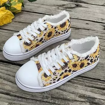 Fashion Women s Fashion Flat Low Top Canvas Shoes Autumn New Round Head Deep Print Front Lacing Soft Sole Non-slip Sneakers 36