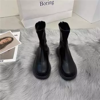 Fashion Women s Fashion Flat Single Boot Autumn New Round Head Sleeve Back Zipper Suede Comfortable Low Heel Short Boots 35 чёрный