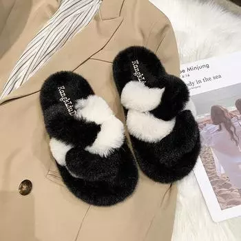 Fashion Women s fashion flat slippers winter new round head open toe spread with color matching warm comfortable cotton drag 35 чёрный