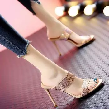 Fashion Women s Fashion High-heeled Slippers Summer New Round Head Shallow Mouth Rhinestone Word with Temperament Sandals 35 чёрный