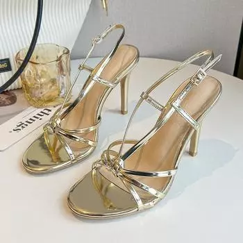 Fashion Women s Fashion High Heels Summer New Round Head Open Toe Thin with Cross One Line Buckle Party Sandals 35 золотой