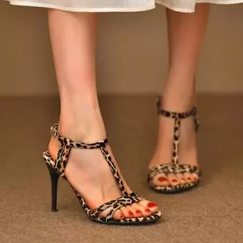 Fashion Women s Fashion High Heels Summer New Round Head Open Toe Leopard Print Fine Belt One-line Buckle Temperament Sandals 34 цветной печати леопарда