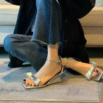 Fashion Women s Fashion Midheel Sandals Summer New Square Head Bow Shallow Wedge Single Thread Buckle High Heels 34 серебряный