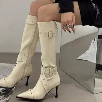 Fashion Women s Fashion Over-the-knee Boots Fall New Pointy Riveted Belt Buckle High Heel Skinny Side Zipper Boots 35 белый