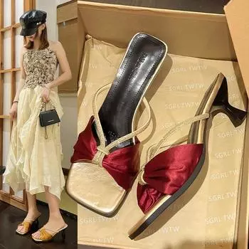 Fashion Women s fashion rhinestone sandals summer new square head open-toe hollowed-out a line with half slippers 35 красный