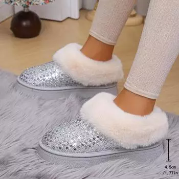 Fashion Women s Fashion Short Boots Winter New Round Head Soft Soled Sequin Short Tube and Fleece Thick Soled Set Foot Snow Boots 36 серебряный