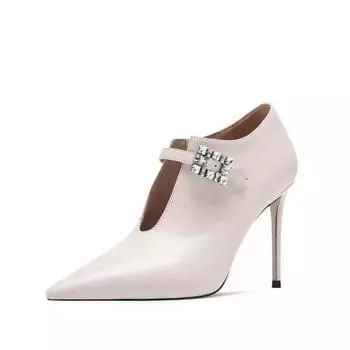 Fashion Women s Fashion Slim Heel Shoes Autumn New Pointed Head Hollow Rhinester Buckle Side Zipper Temperament High Heel Low Top Shoes 34 бежевый