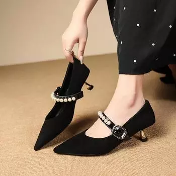Fashion Women s Fashion Slim Heel Shoes Autumn New Pointed Head Shallow Mouth Beaded Metal One-line Buckle Low-top Shoes 35 чёрный