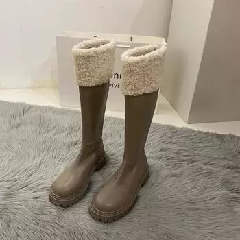 Fashion Women s Fashion Thick Heel High Boots Winter New Round Head Sleeve with Velvet Thick Soft Sole Non-slip Fashion Boots 35