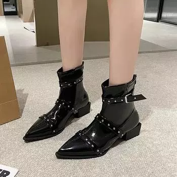 Fashion Women s Fashion Thick Heel Single Boots Autumn New Pointed Metal Belt Buckle Sleeve Anti-slip Wear-resistant Short Boots 35 коричневый