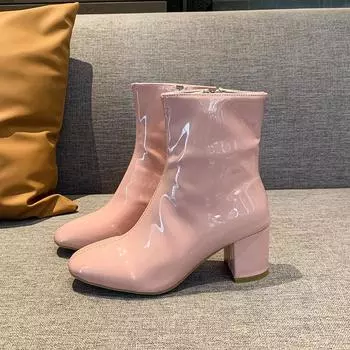 Fashion Women s Fashion Thick Heel Single Boots Autumn New Square Head Side Zipper Anti-slip Wear-resistant Short Boots 35 розовый