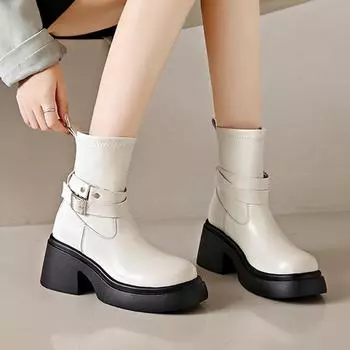 Fashion Women s Fashion Thick-soled Thick-heeled Boots For Four Seasons New Thin Section Thin Boots Mid-tube Elastic Casual Boots 35-40 35 бежевый