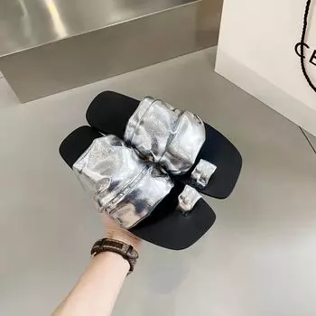 Fashion Women s Flat Bottom Slippers Outside 2024 Summer New Fold Toe Roman Summer Beach Half Trailer Sandals Women Flip Flops Sandal 35 серебряный