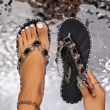 Fashion Women s flat sandals summer new round head with toe drill metal buckle non-slip soft bottom beach sandals 37 золотой