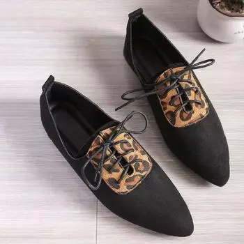 Fashion Women s Flat Shoes Fall New Pointy Suede Leopard Print Splicing Front Lacing Soft Sole Anti-slip Low Top Shoes 36 чёрный