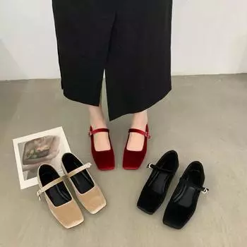Fashion Women s Flat Shoes Ladies Square Toe Shallow Buckle Casual Shoes Slip-on Outdoor Mary Jane Shoes 38 чёрный