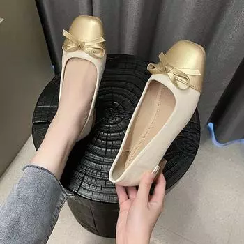 Fashion Women s Flat Shoes Pu Leather Pump 2024 Two Color Stitching Classic Bow Work Shoes Low Heel Fashion Women s Single Shoes 35 бежевый