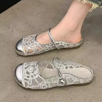Fashion Women s Flat Shoes with Buckle Breathable Fabric Hollow Out Shiny Women s Shoes 2024 Outdoor Fashion Casual Women s Flat Shoes 35 серебряный