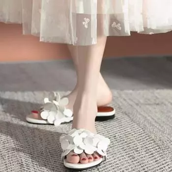 fashion Women s Flat Slippers Flat Small Sandals Outer Fairy Shoes 2024 New Summer Slides Silver Sandals Women Shoes 35 абрикосовый