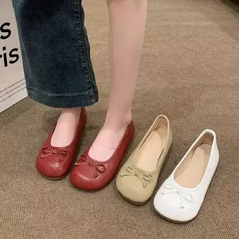 модные женские туфли на плоской подошве 2024 весна осень мода милые туфли с бантом женские туфли на плоской подошве без застежек туфли Mosinka женские мягкие неглубокие 35 бежевый