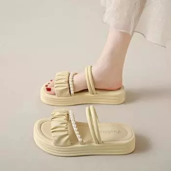 Модные женские туфли на плоской подошве с жемчугом, модные шлепанцы с открытым носком, летние шлепанцы на платформе с отложным ремешком, повседневная пляжная обувь с круглым носком, новинка 2024 г. 35 чёрный