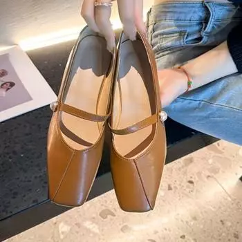 Fashion Women s Flats Square Toe Mary Janes Shoes PU Leather Shoes for Female Buckle Strap Ladies Shallow Shoe Spring Zapatos De Mujer 35 бежевый