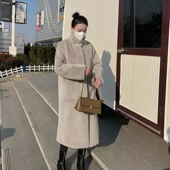 FASHION Women s Fur Integrated Fur Jacket 2024 New Winter Clothing Long Thickened Mink Fleece Coat Clothes S бежевый