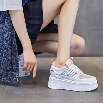 Fashion Women s Genuine Leather Fashion Sneakers Wedge 9CM Thick Sole Breathable Mesh Casual Rubber Anti-Slip Running Sneakers 34-39 34