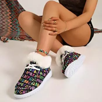 fashion Women s Graffiti Print Canvas Shoes Fluffy Fleece Lined Low Top Sneakers Winter Warm Short Plush Women Ankle Boots Female Shoes 36 чёрный