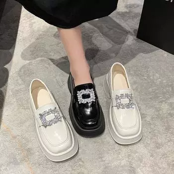 Fashion Women s Heeled Loafers Spring Autumn Square Buckle Rhinestone Shoes Women 2024 New Round Toe Pumps Middle Heel Mary Jane Shoes 35 чёрный
