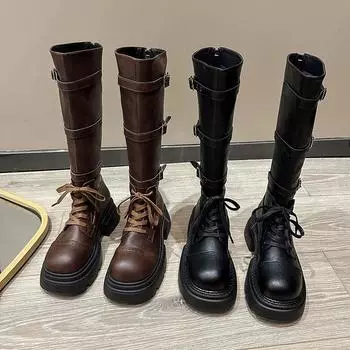 Fashion Women s High Boots Leather Shoes Winter Designer Medium Heel Platform Shoes for Women 2024 Trendy High Boots for Elegant Women 35 чёрный