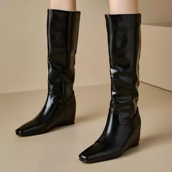 Модные женские высокие сапоги, новинка 2024 года, модные сапоги до колена, женские, осень-зима, лакированные, черные, бежевые, длинные, женские, большой размер 45 34 чёрный